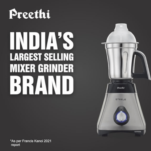 Preethi Steele 110 V, MG-206, 550 Watt, 3 Jars, Turbovent Technology, 2 years product warranty (Silver/Black) - Image 4